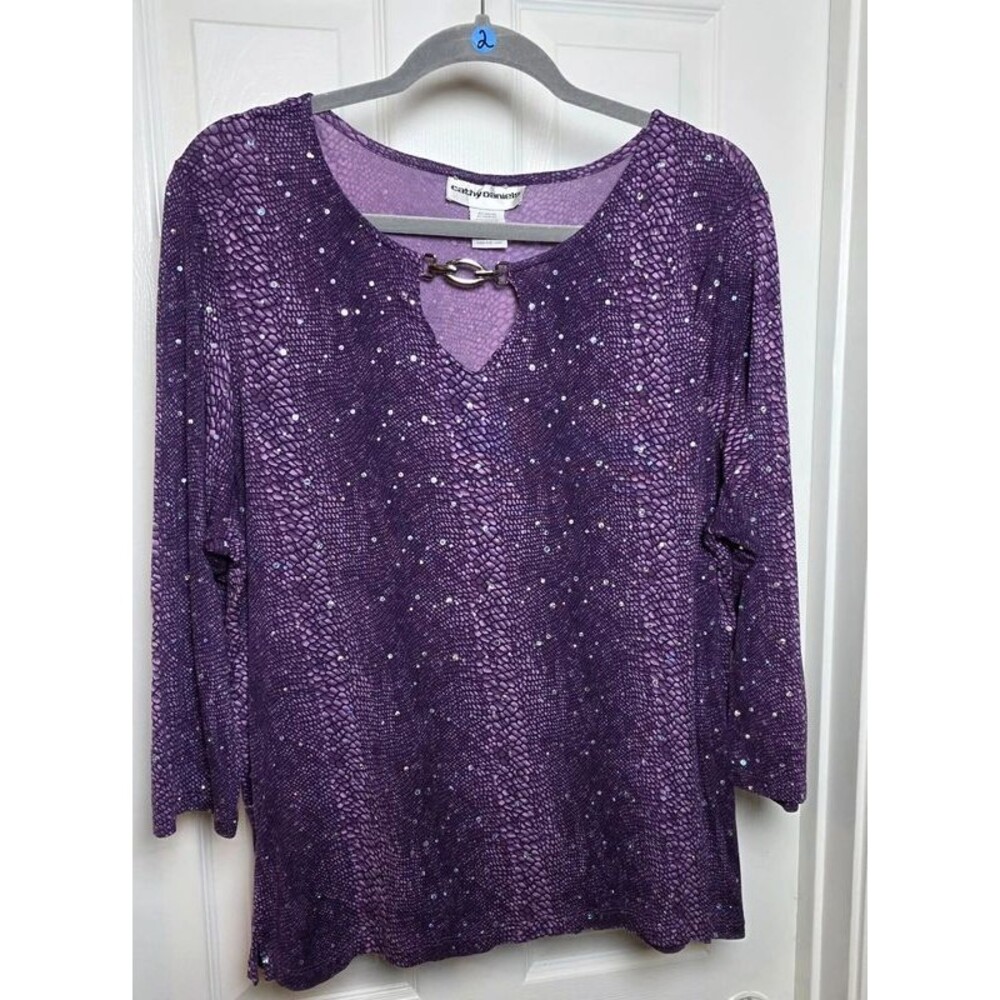 Cathy Daniels Purple Snakeskin Rhinestone Keyhole Top Blouse 3/4 Sleeve Womens L